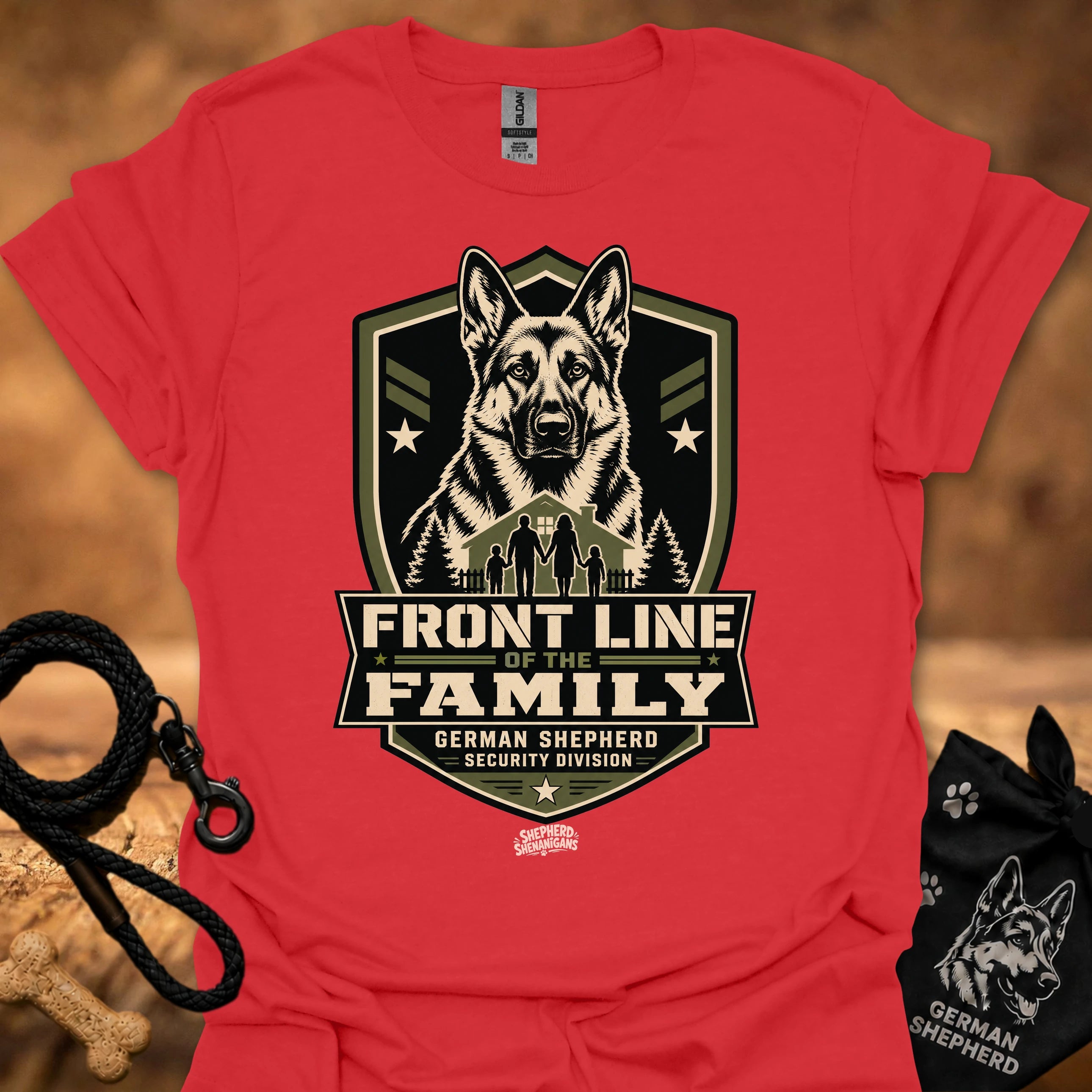 Red crew-neck t-shirt with Front Line of the Family German shepherd shield graphic