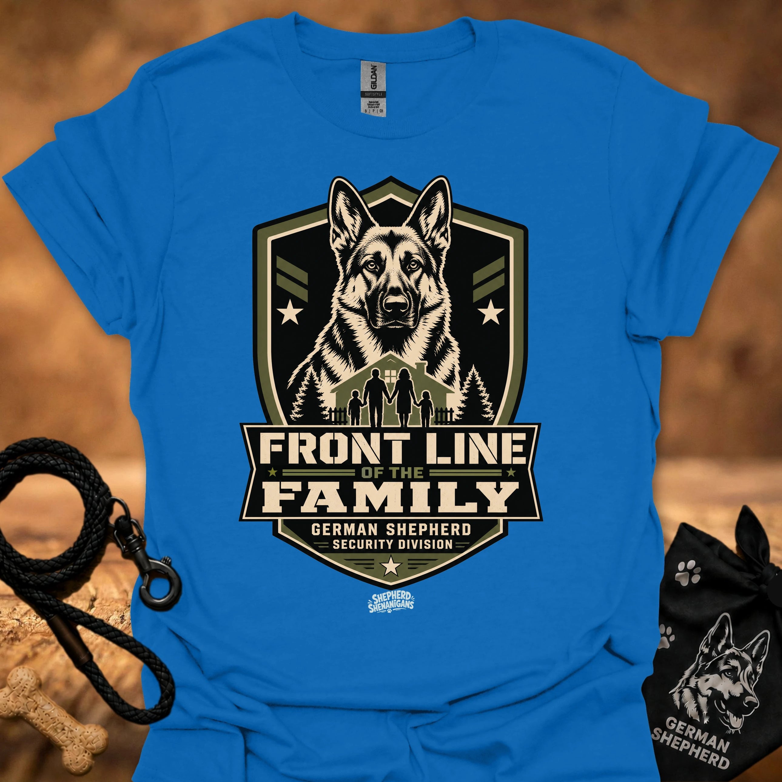 Blue crew-neck t-shirt with Front Line of the Family German shepherd shield graphic
