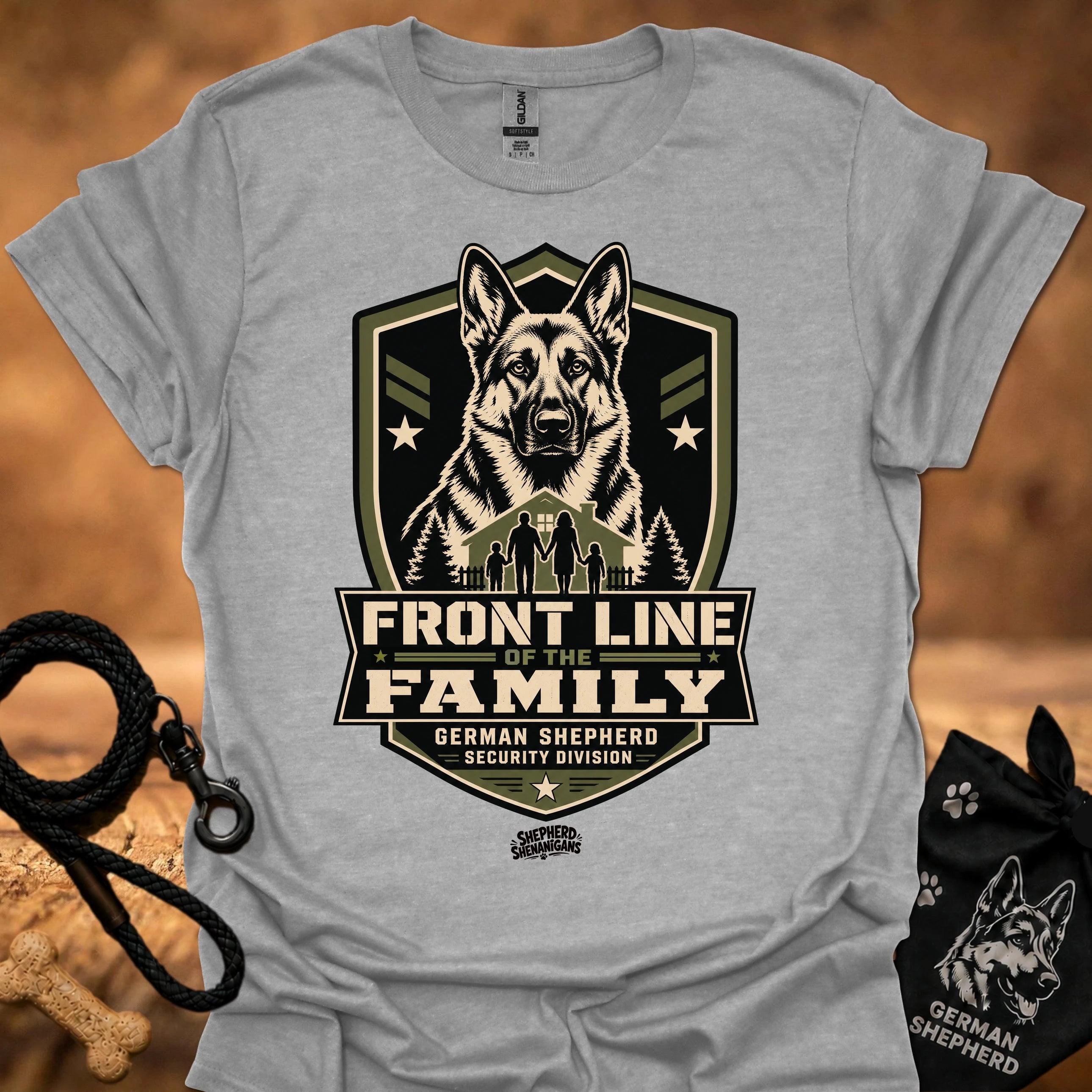 Sport grey crew-neck t-shirt with Front Line of the Family German shepherd shield graphic