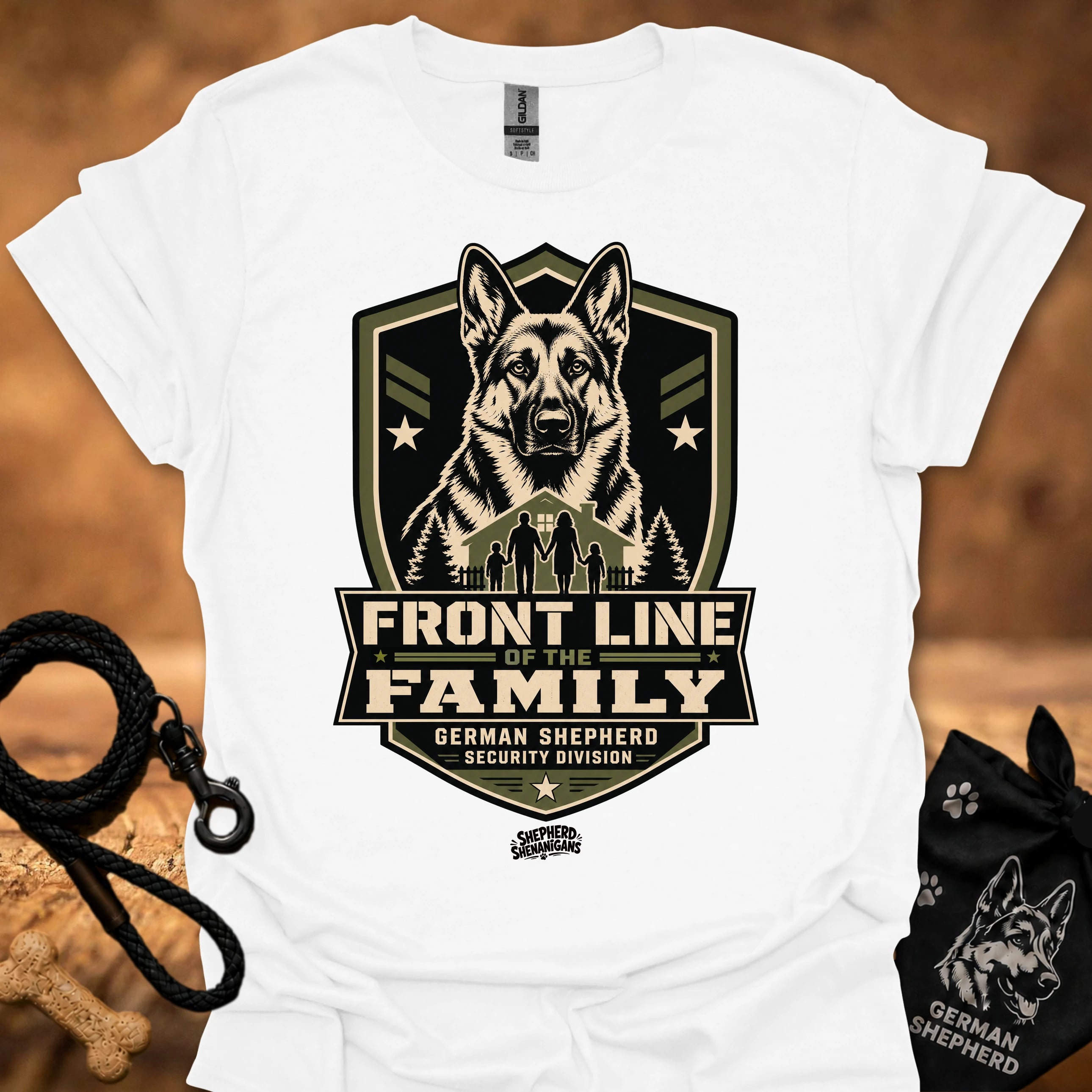 White crew-neck t-shirt with Front Line of the Family German shepherd shield graphic