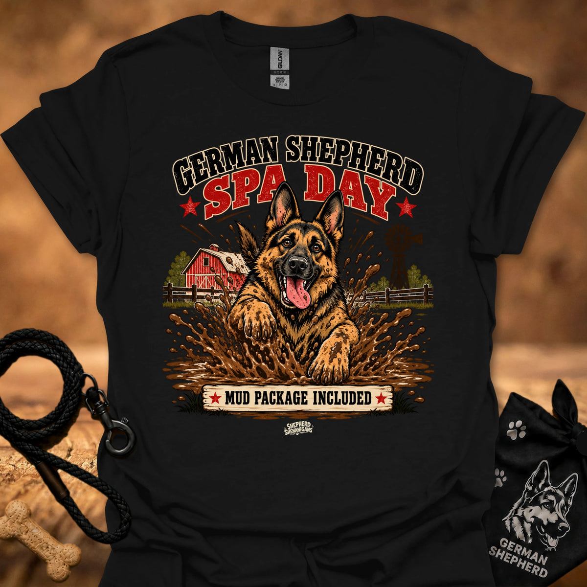 Black graphic T-shirt with German Shepherd spa day design on front