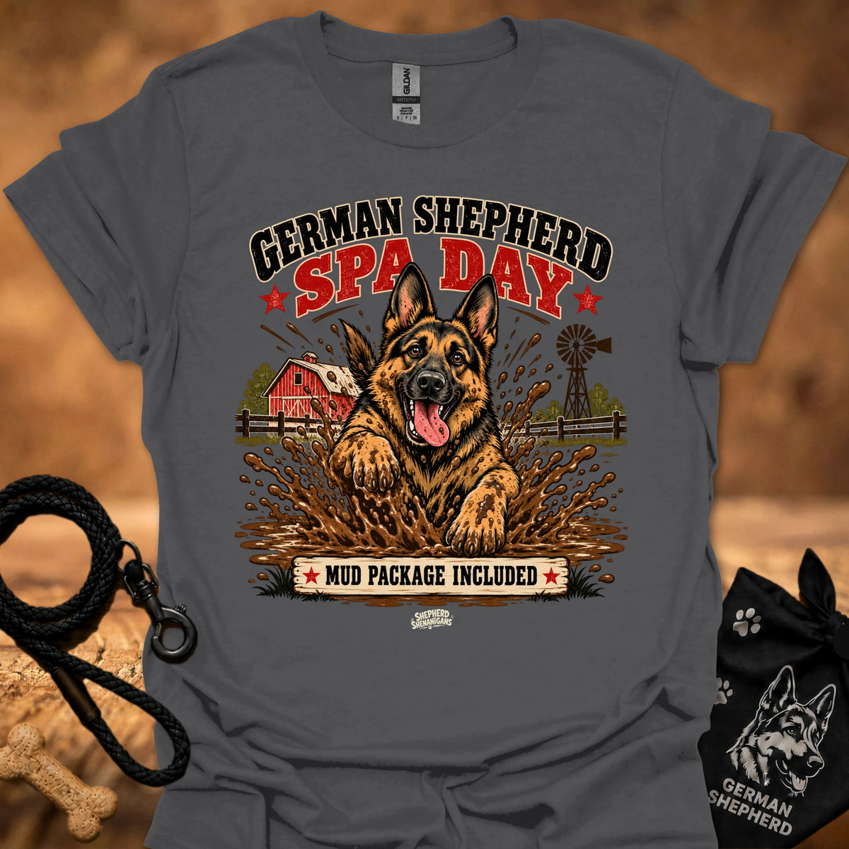 Charcoal graphic T-shirt with German Shepherd spa day design on front