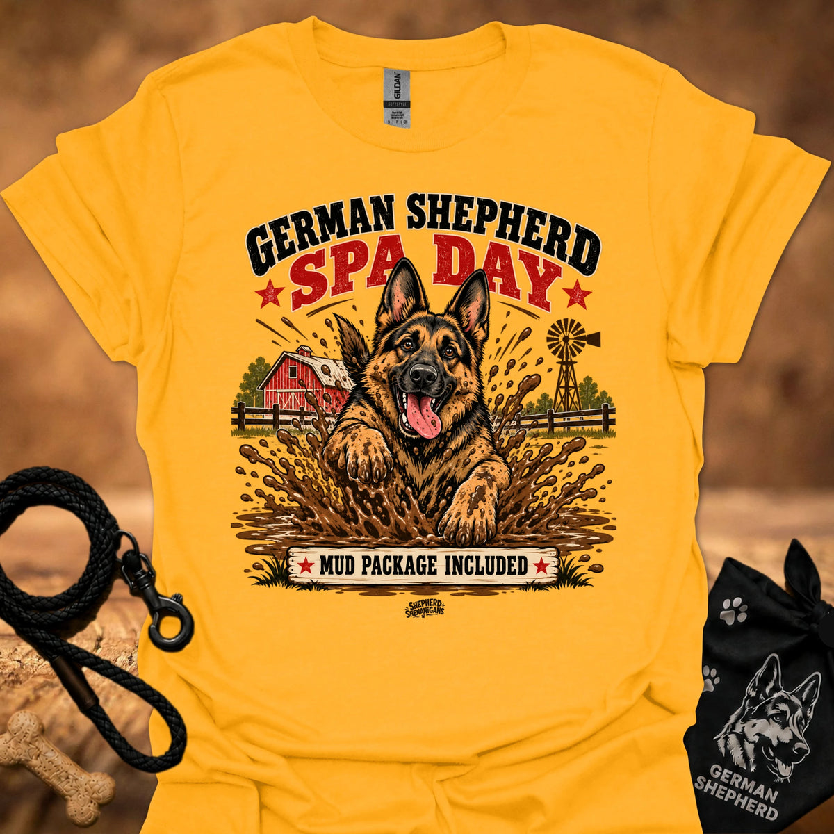 Gold graphic T-shirt with German Shepherd spa day design on front