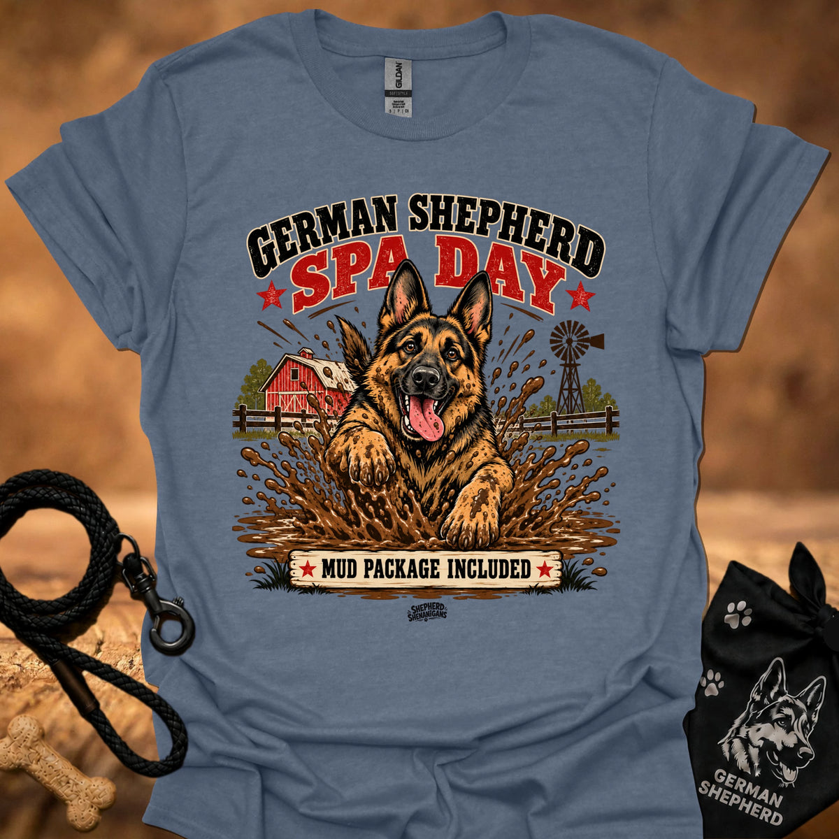 Steel blue graphic T-shirt with German Shepherd spa day design on front