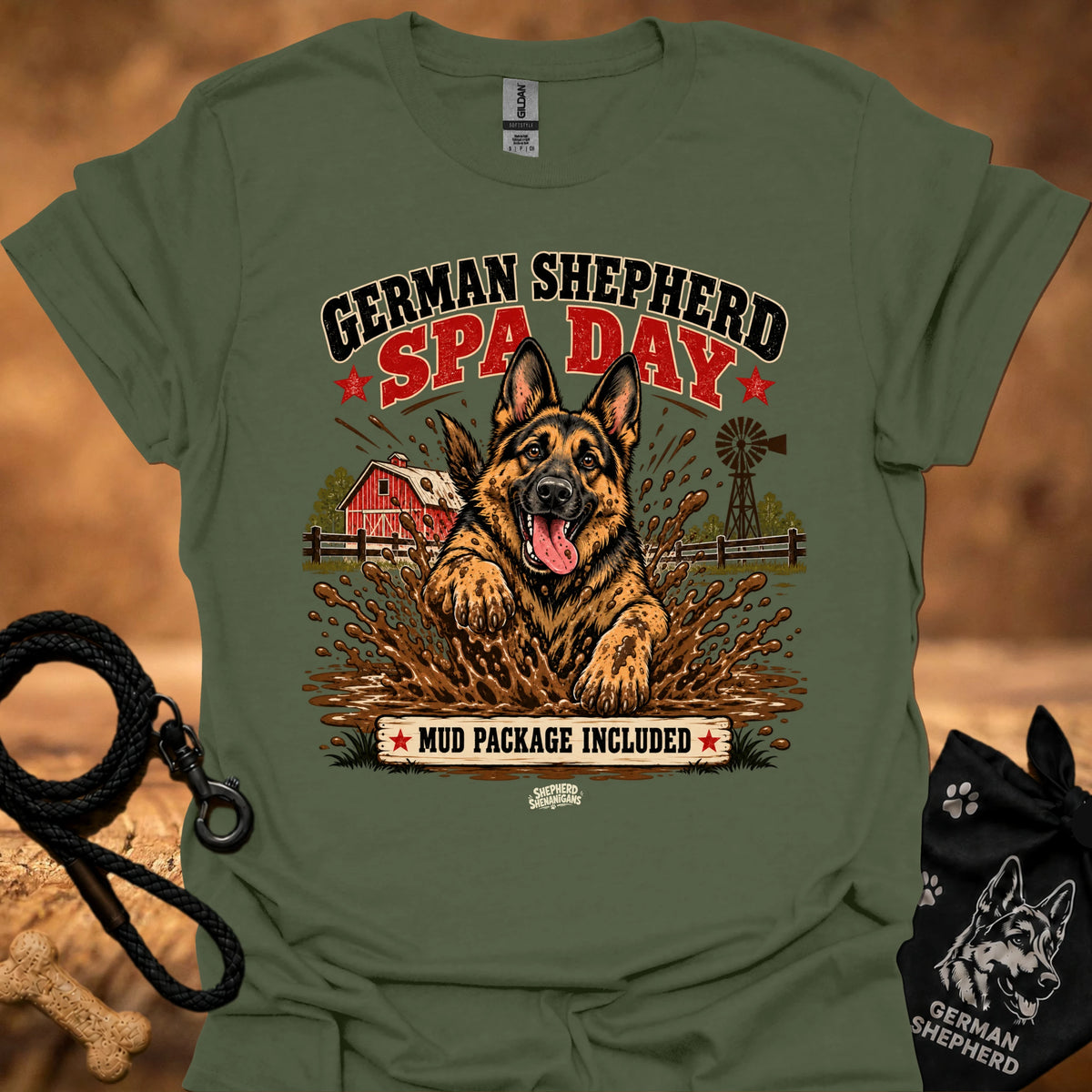 Military green graphic T-shirt with German Shepherd spa day design on front