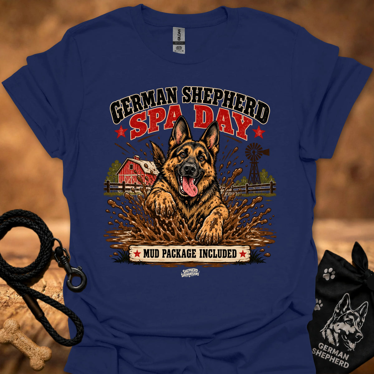 Navy graphic T-shirt with German Shepherd spa day design on front