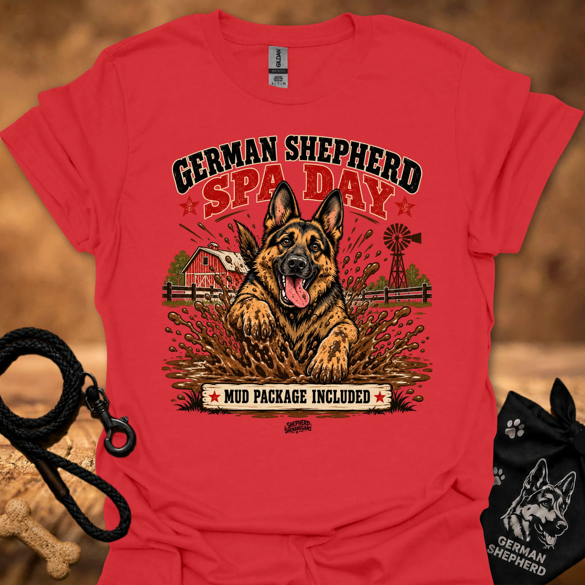 Red graphic T-shirt with German Shepherd spa day design on front