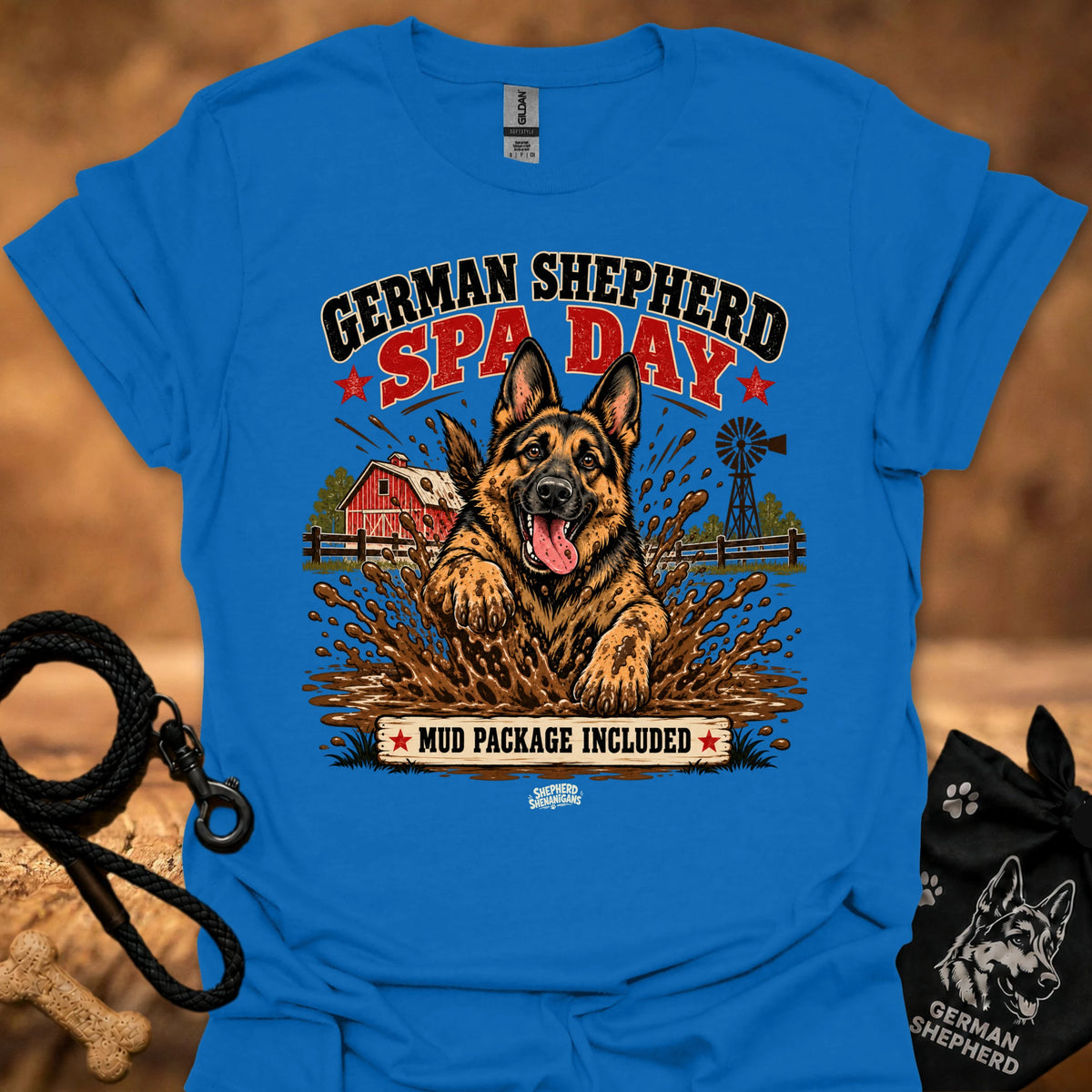 Royal blue graphic T-shirt with German Shepherd spa day design on front
