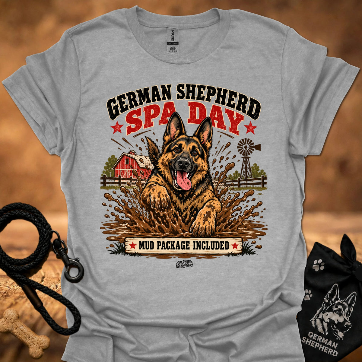 Light gray graphic T-shirt with German Shepherd spa day design on front