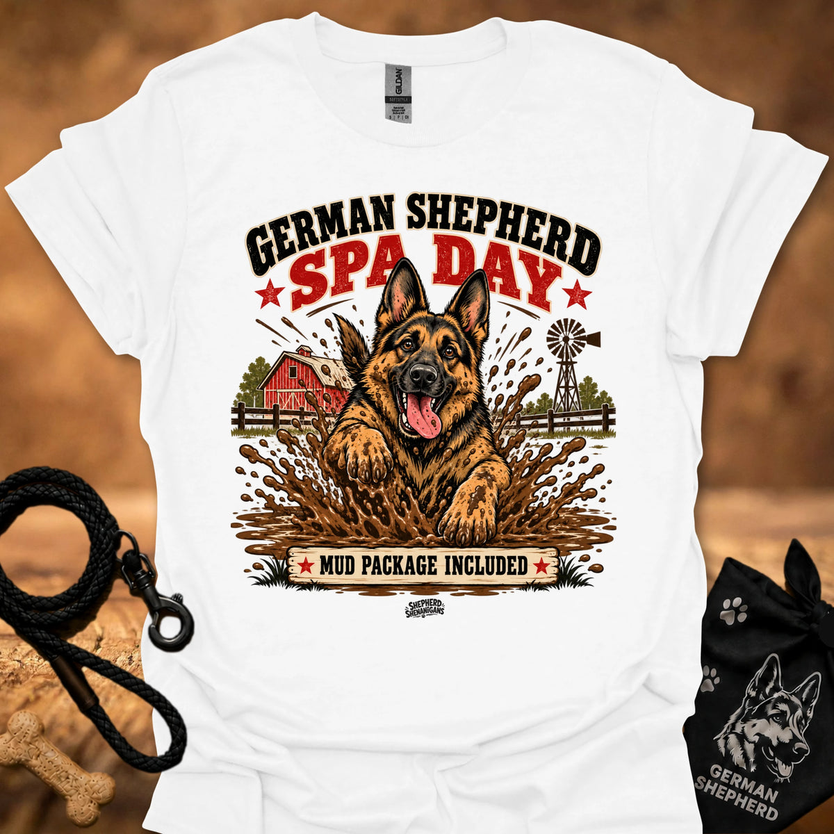 White graphic T-shirt with German Shepherd spa day design on front