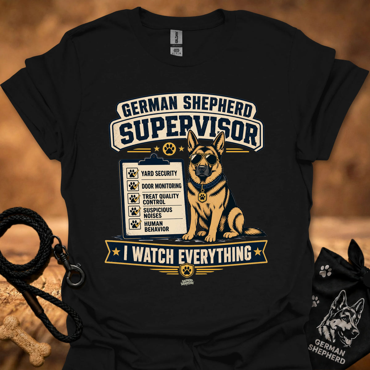 Black crewneck T-shirt with German Shepherd Supervisor dog graphic and Watch Everything text