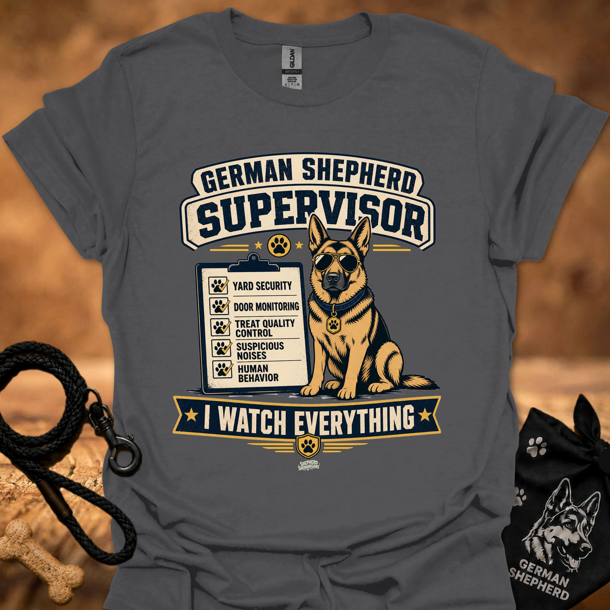 Charcoal crewneck T-shirt with German Shepherd Supervisor dog graphic and Watch Everything text