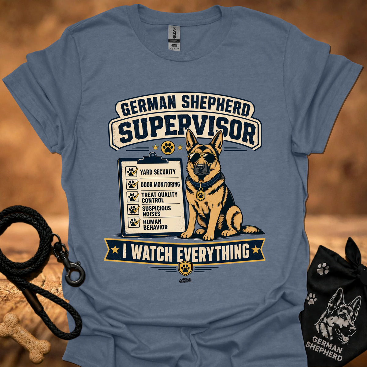 Heather indigo crewneck T-shirt with German Shepherd Supervisor dog graphic and Watch Everything text