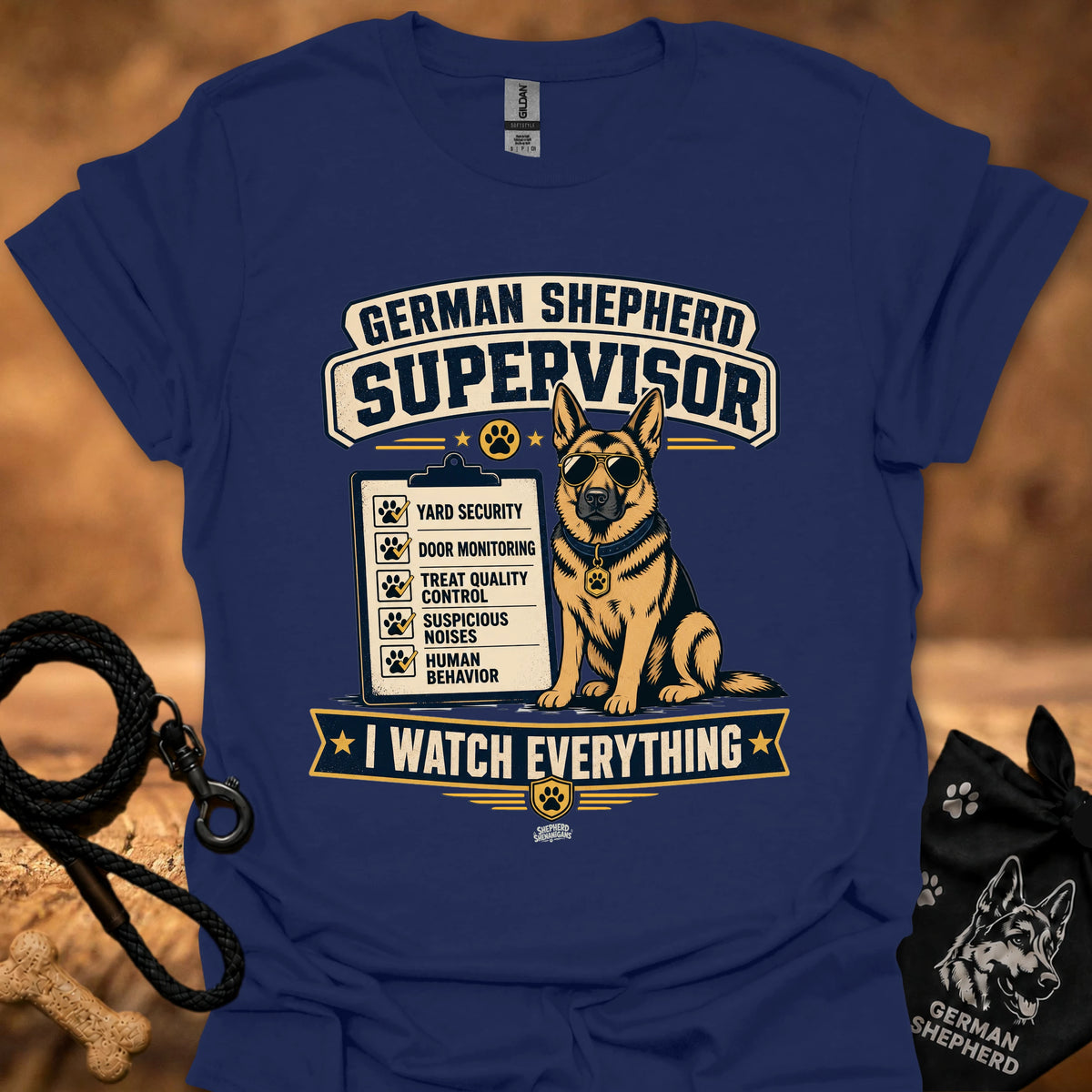 Navy crewneck T-shirt with German Shepherd Supervisor dog graphic and Watch Everything text