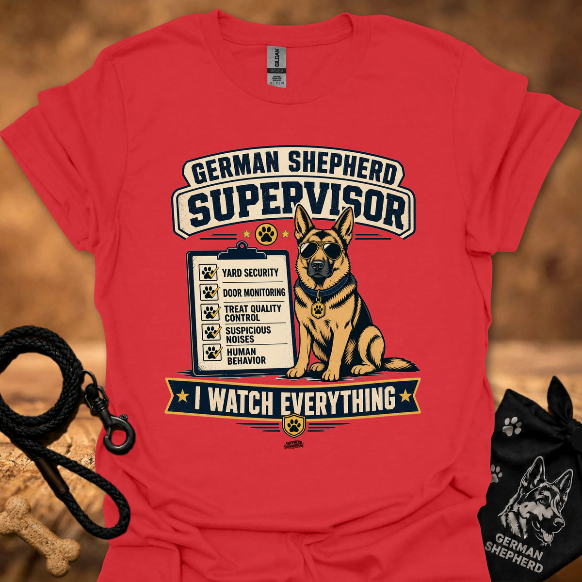 Red crewneck T-shirt with German Shepherd Supervisor dog graphic and Watch Everything text