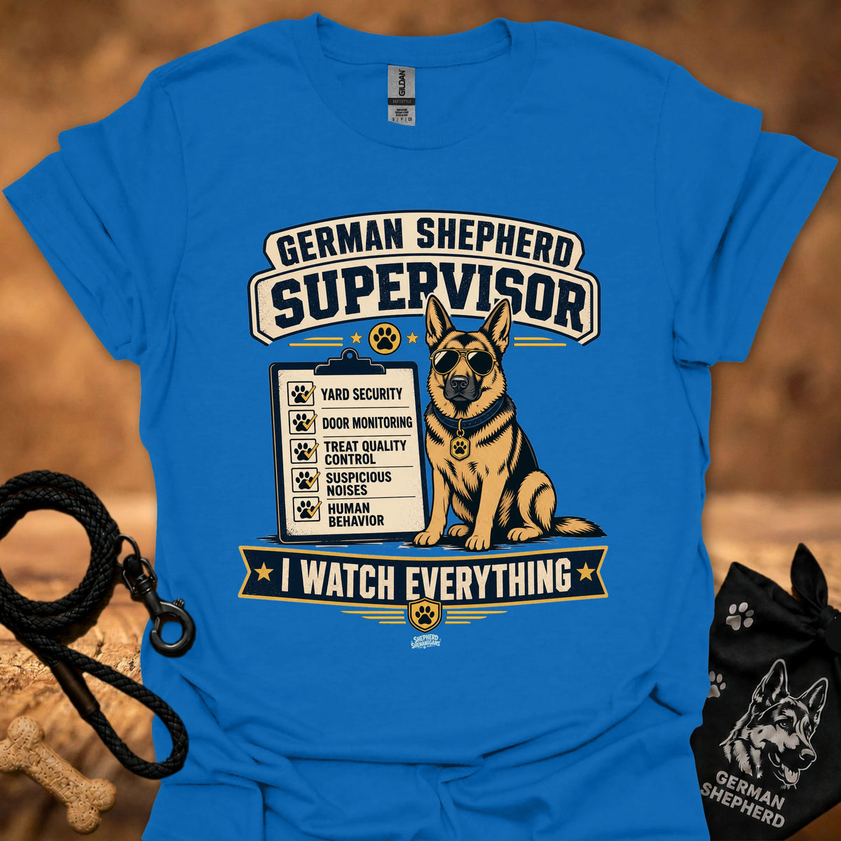 Royal blue crewneck T-shirt with German Shepherd Supervisor dog graphic and Watch Everything text