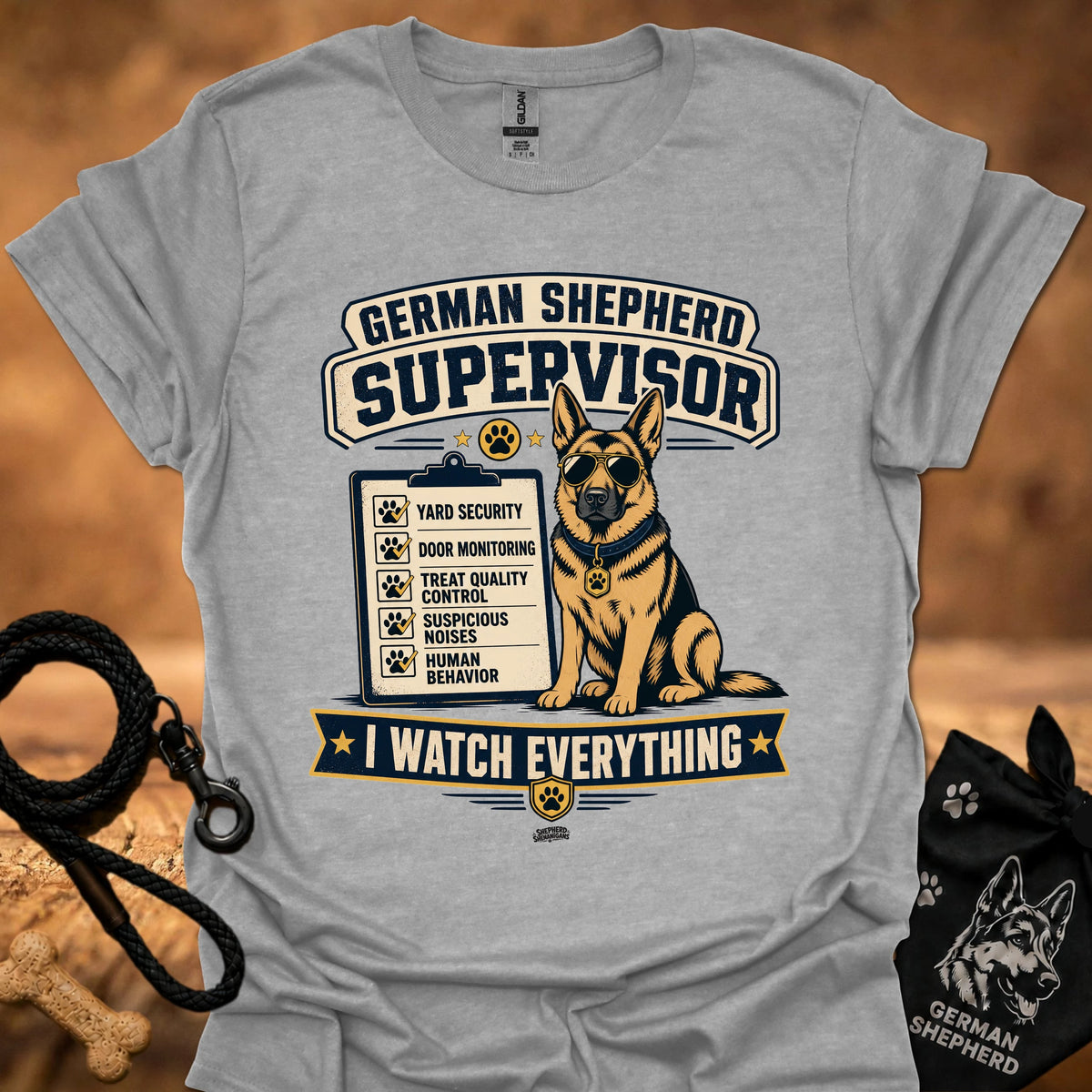 Sport grey crewneck T-shirt with German Shepherd Supervisor dog graphic and Watch Everything text