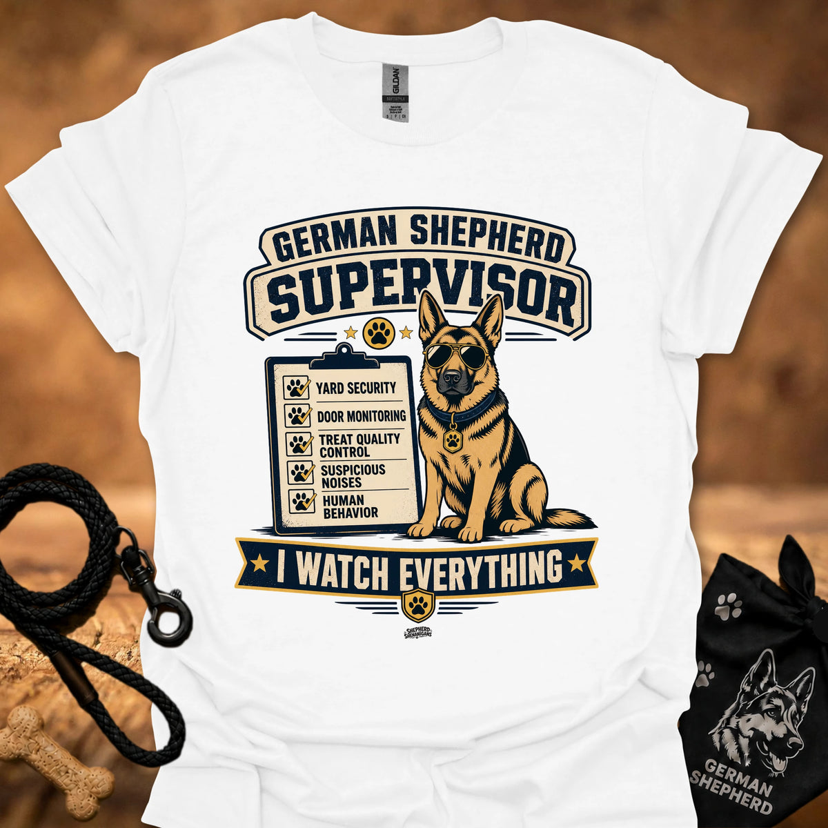 White crewneck T-shirt with German Shepherd Supervisor dog graphic and Watch Everything text