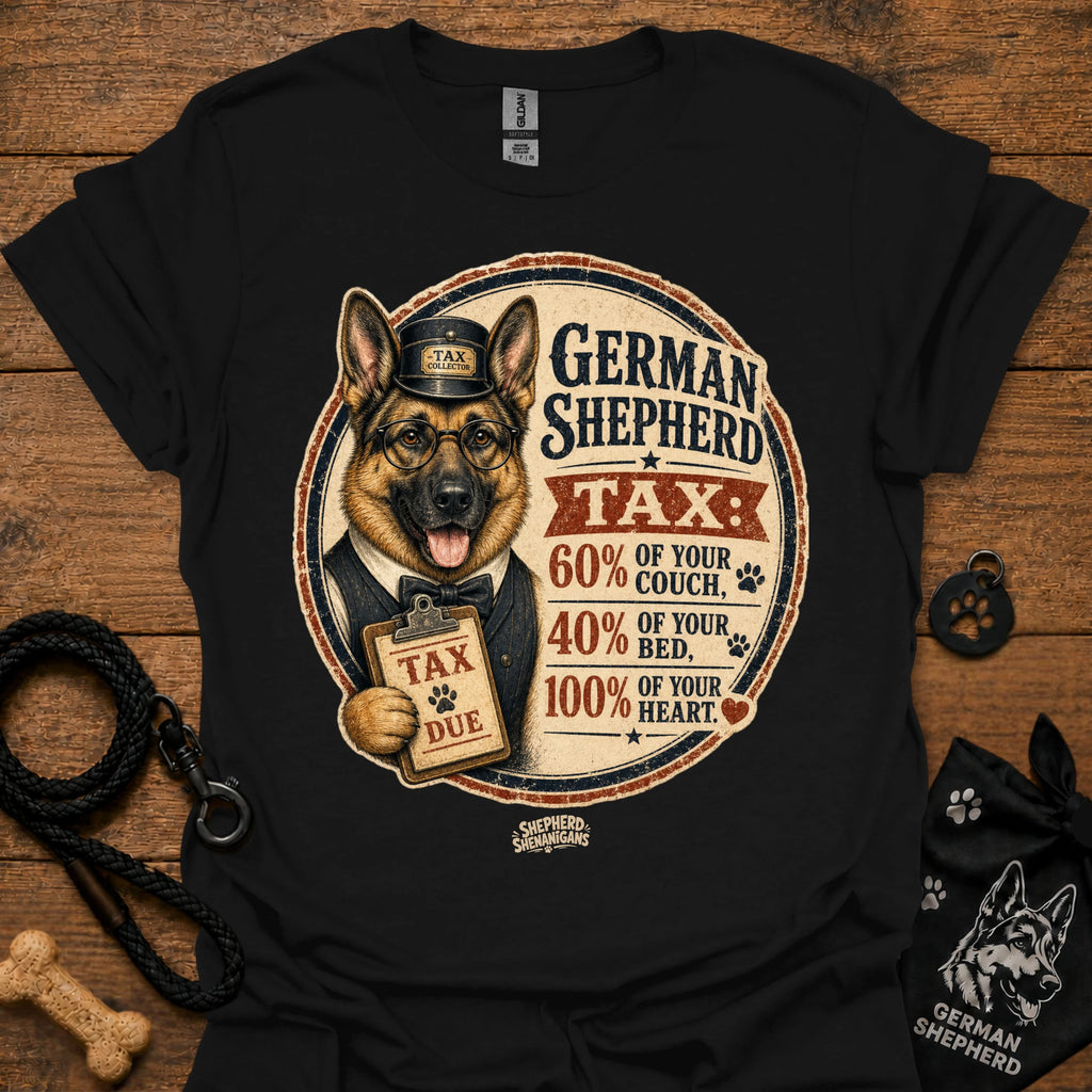 Black T-shirt with German Shepherd Tax graphic on the front