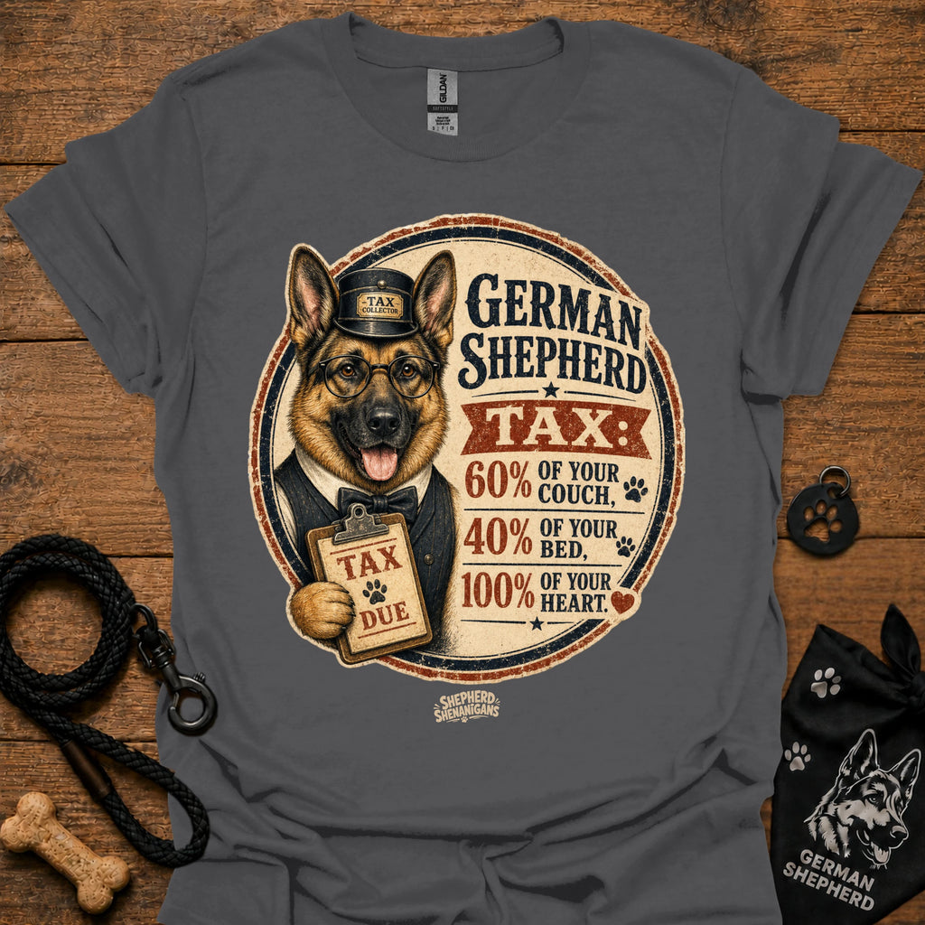 Charcoal T-shirt with German Shepherd Tax graphic on the front