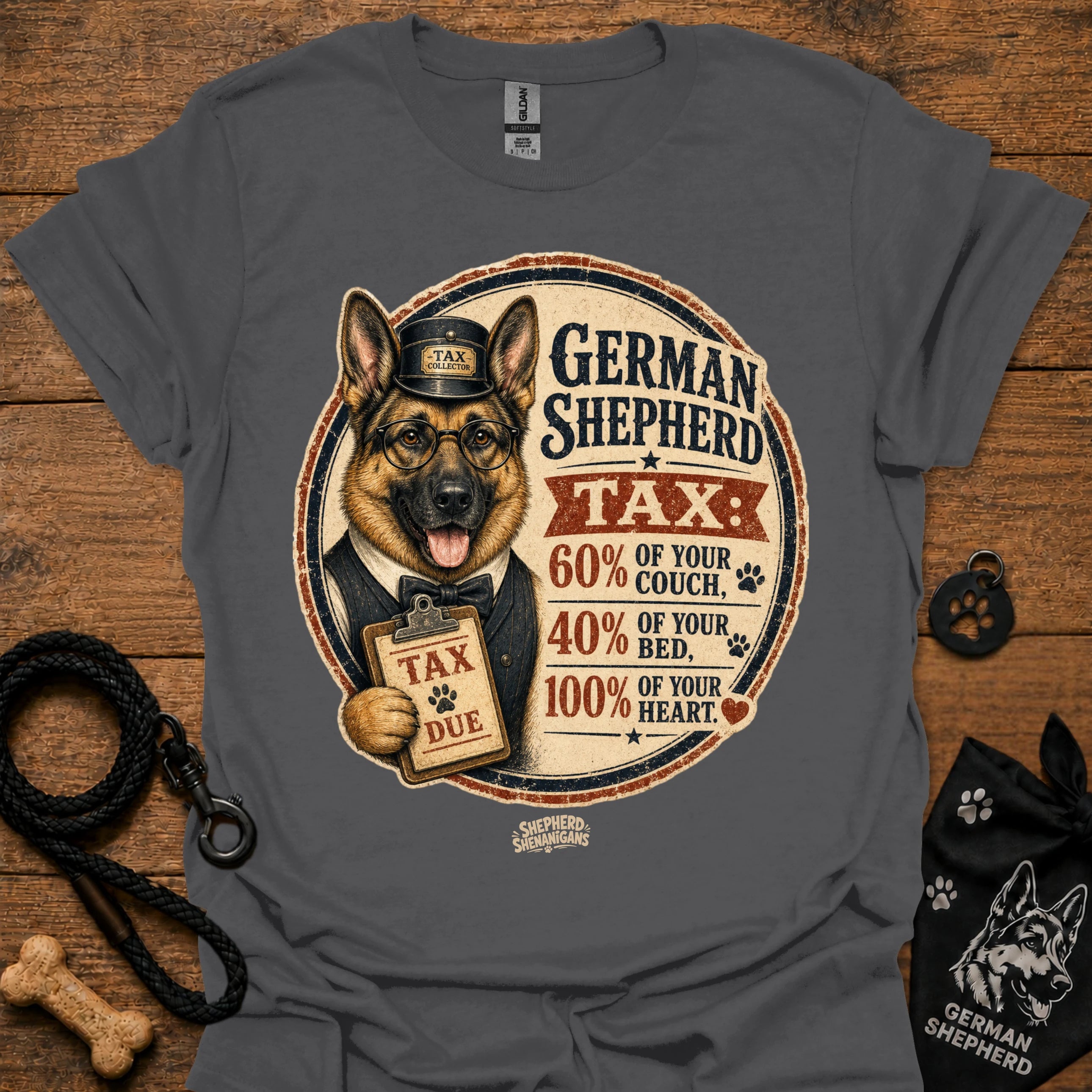 Charcoal T-shirt with German Shepherd Tax graphic on the front