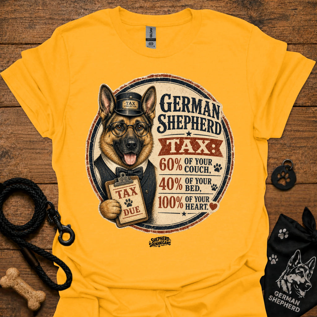 Gold T-shirt with German Shepherd Tax graphic on the front