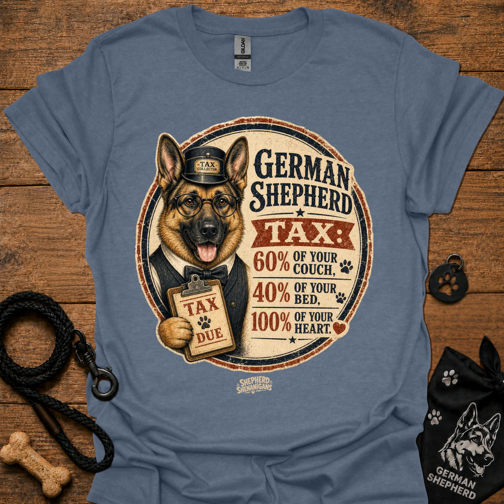 Heather indigo T-shirt with German Shepherd Tax graphic on the front