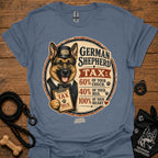 Heather indigo T-shirt with German Shepherd Tax graphic on the front
