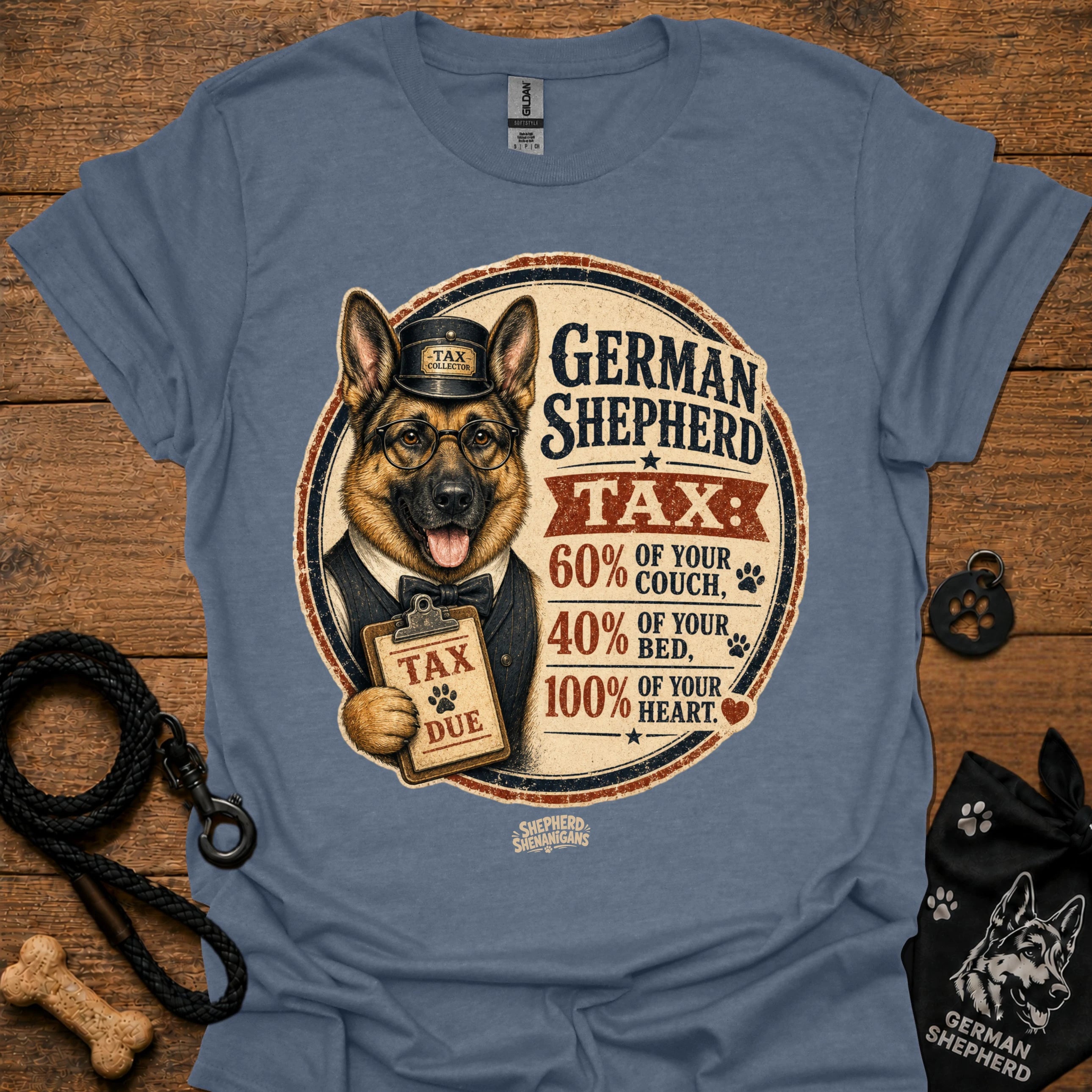 Heather indigo T-shirt with German Shepherd Tax graphic on the front