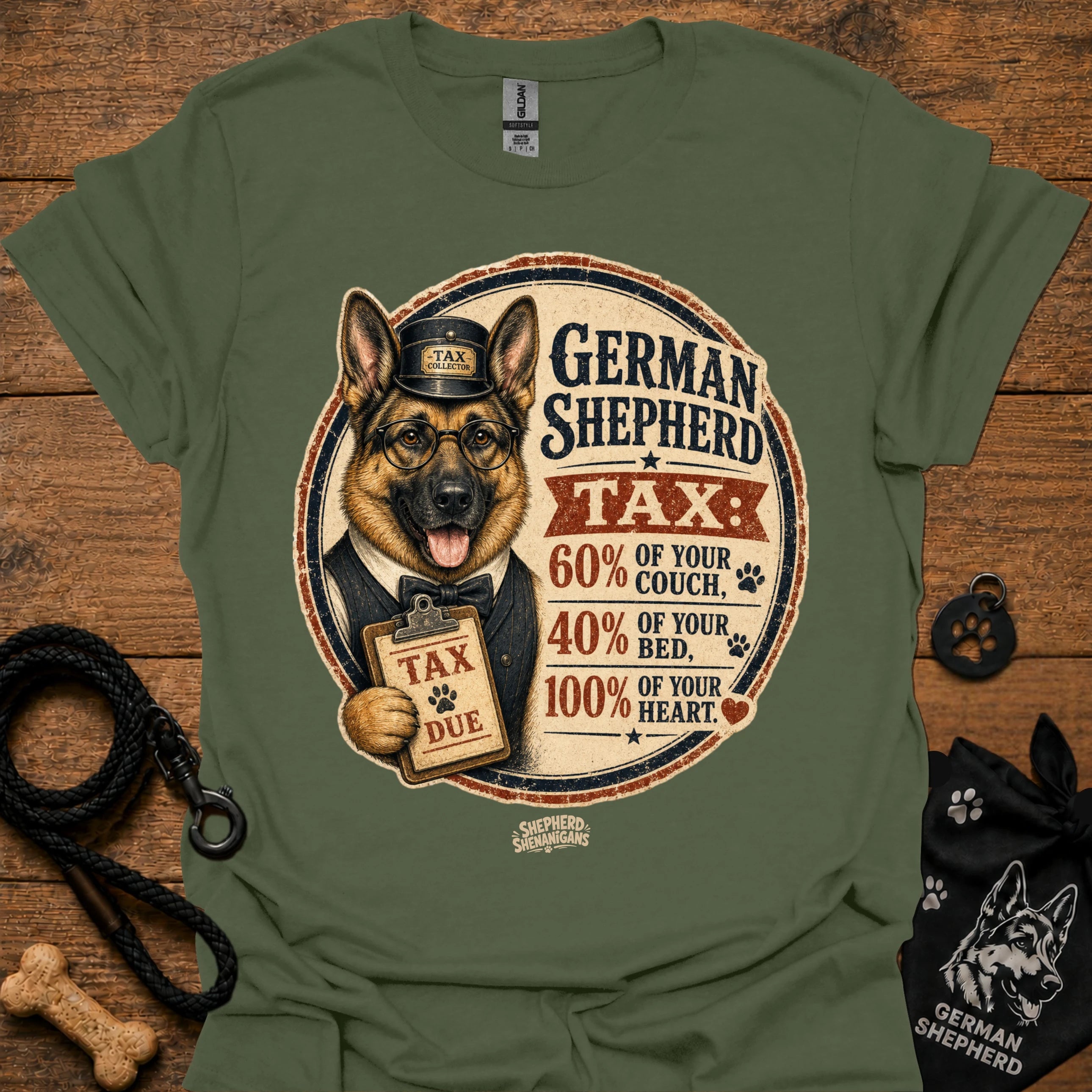 Military green T-shirt with German Shepherd Tax graphic on the front