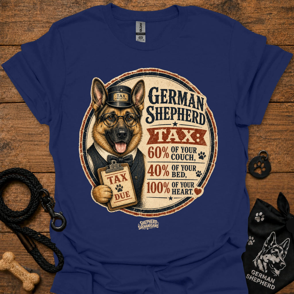 Navy T-shirt with German Shepherd Tax graphic on the front