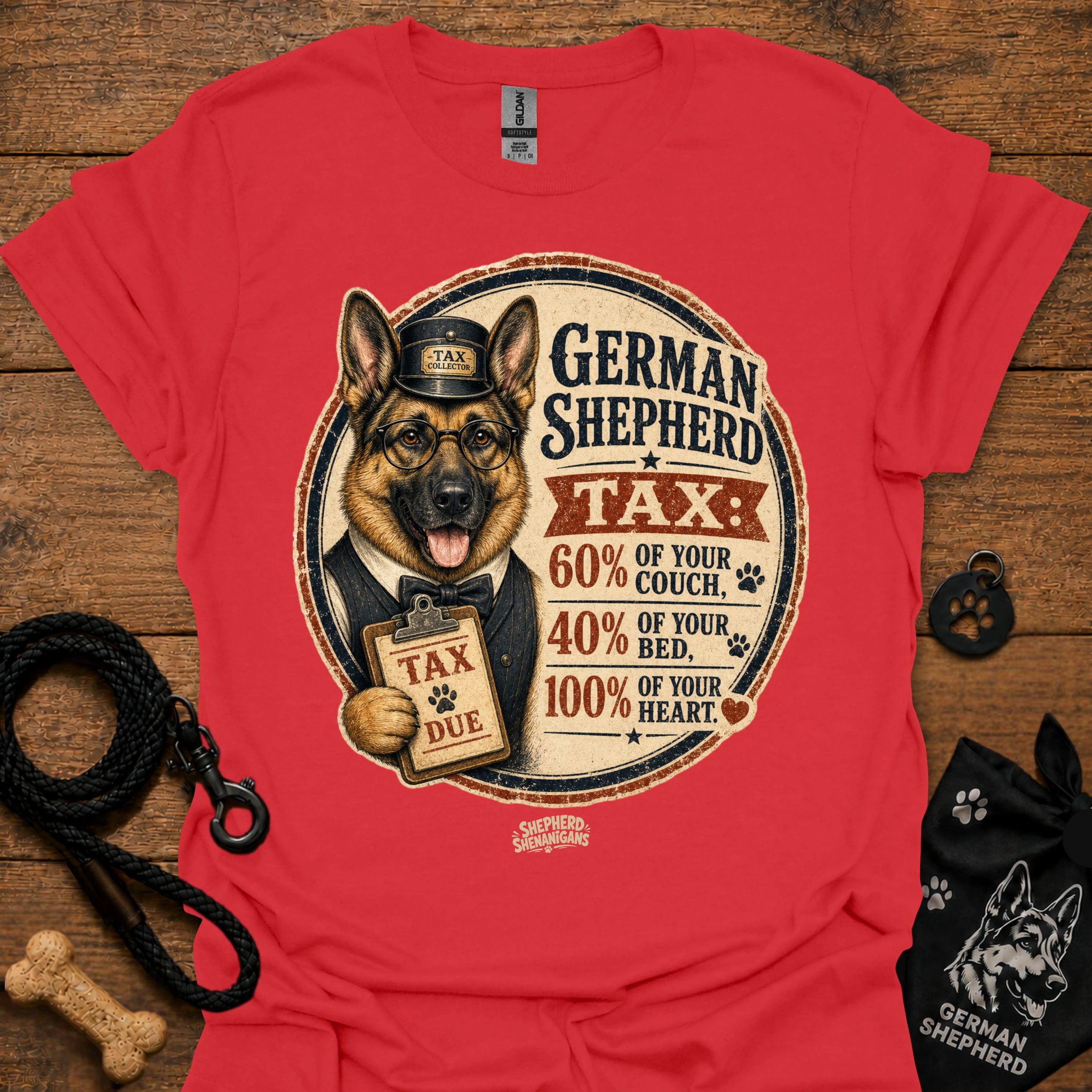 Red T-shirt with German Shepherd Tax graphic on the front