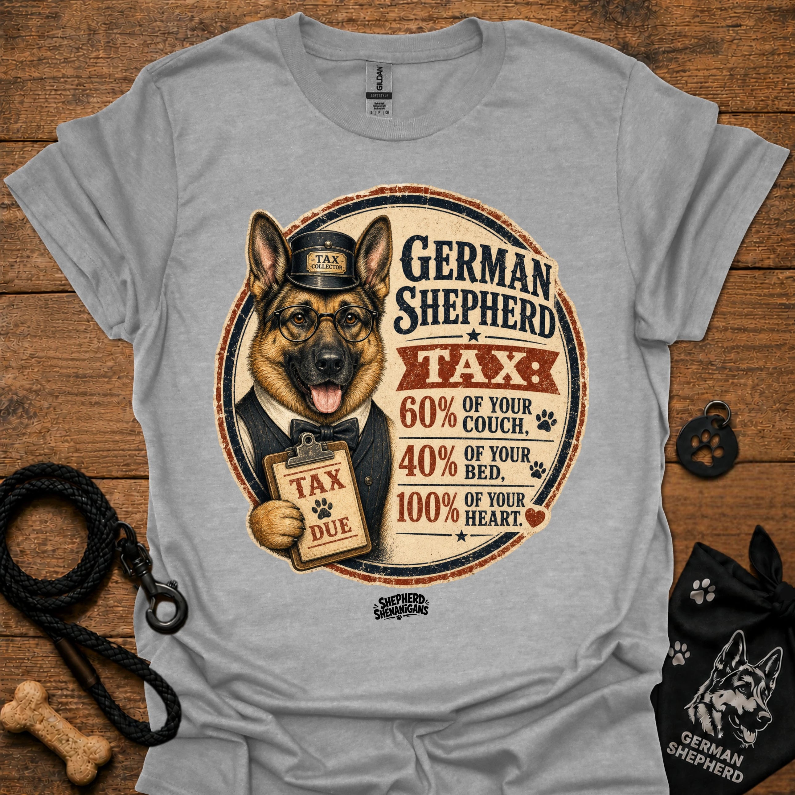 Sport grey T-shirt with German Shepherd Tax graphic on the front