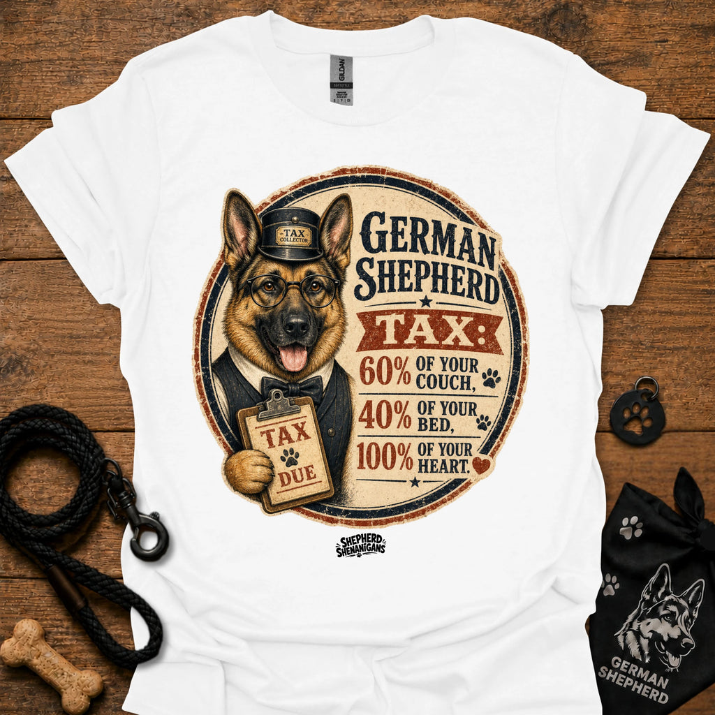 White T-shirt with German Shepherd Tax graphic on the front