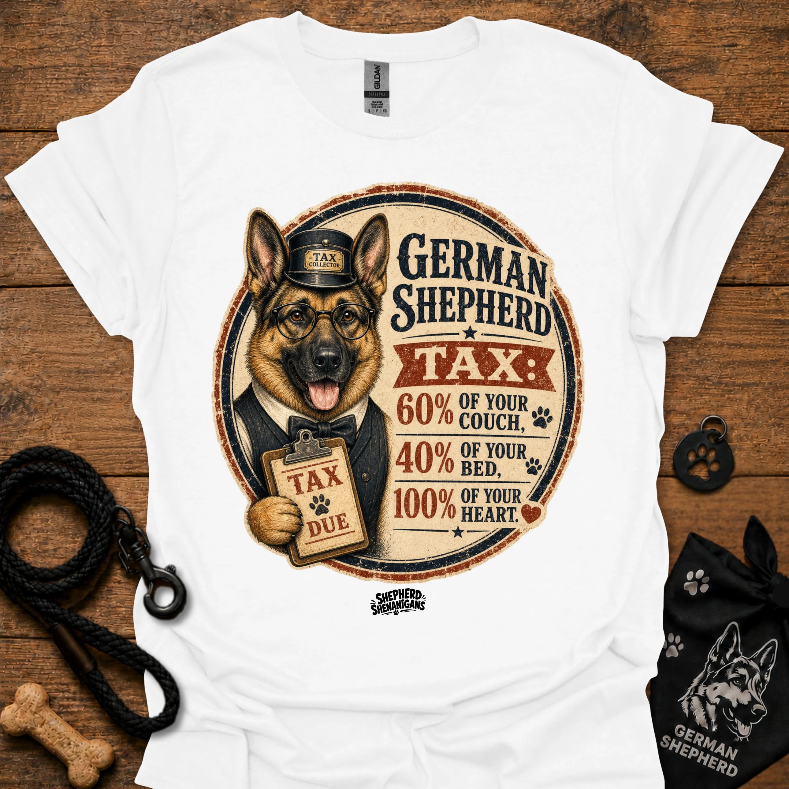 White T-shirt with German Shepherd Tax graphic on the front