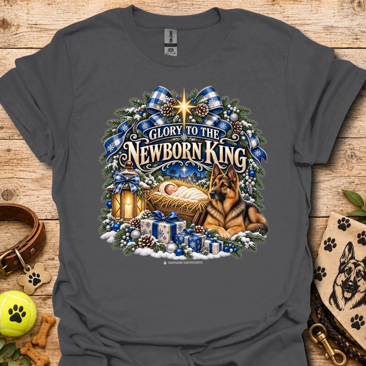 Charcoal crew-neck T-shirt with blue holiday wreath nativity graphic