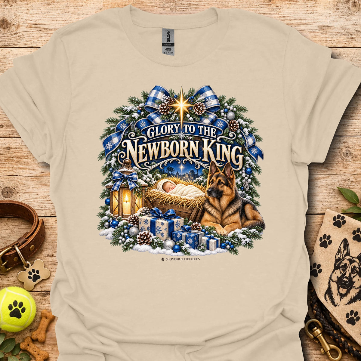 Sand crew-neck T-shirt with blue holiday wreath nativity graphic