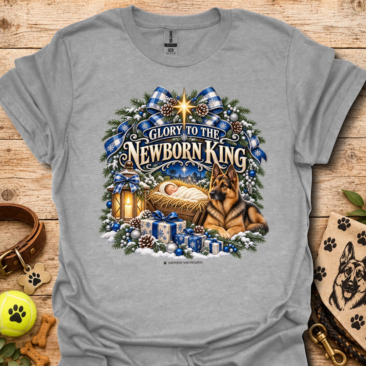 Sport grey crew-neck T-shirt with blue holiday wreath nativity graphic
