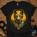 Black graphic German Shepherd T-shirt with sunrise circle portrait