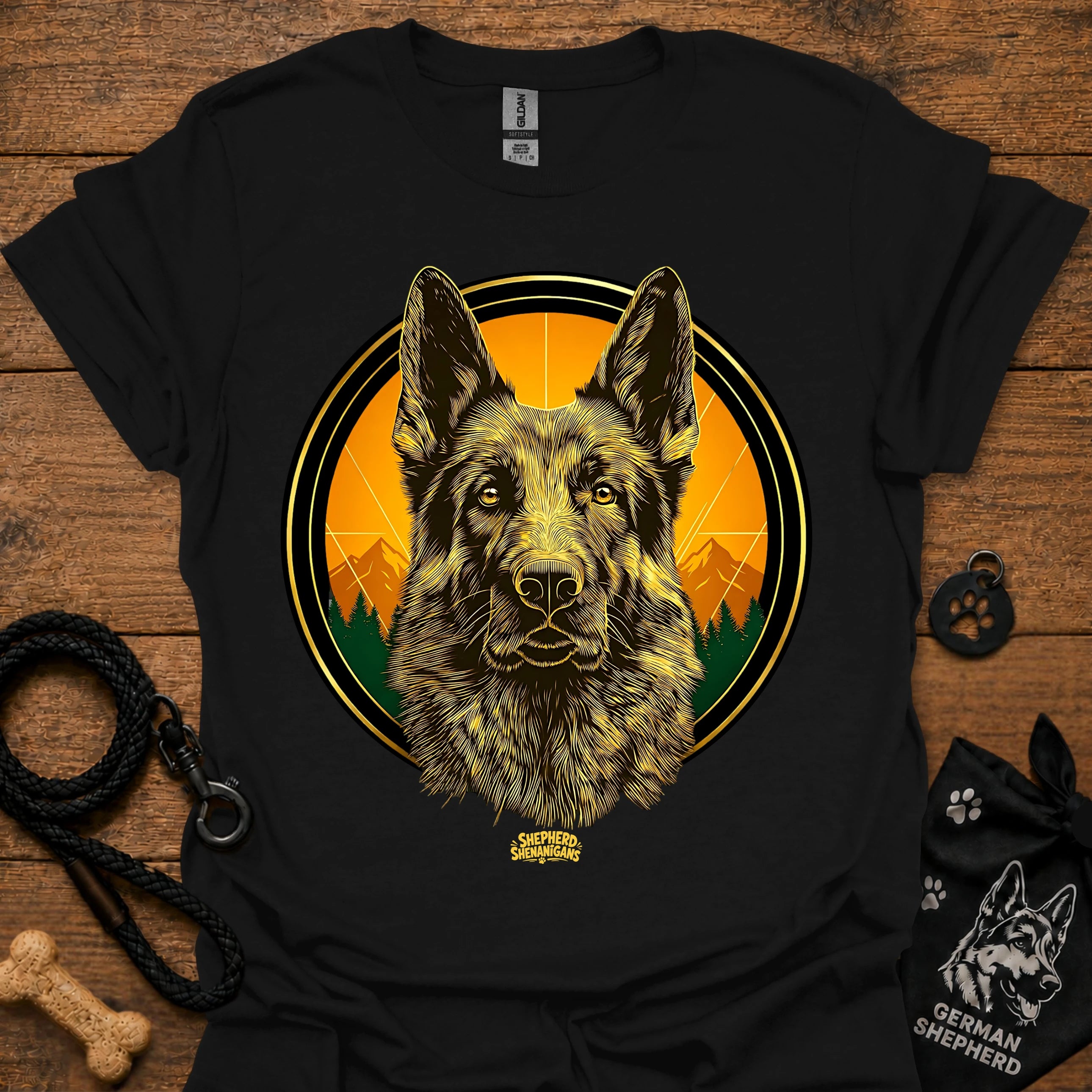 Black graphic German Shepherd T-shirt with sunrise circle portrait