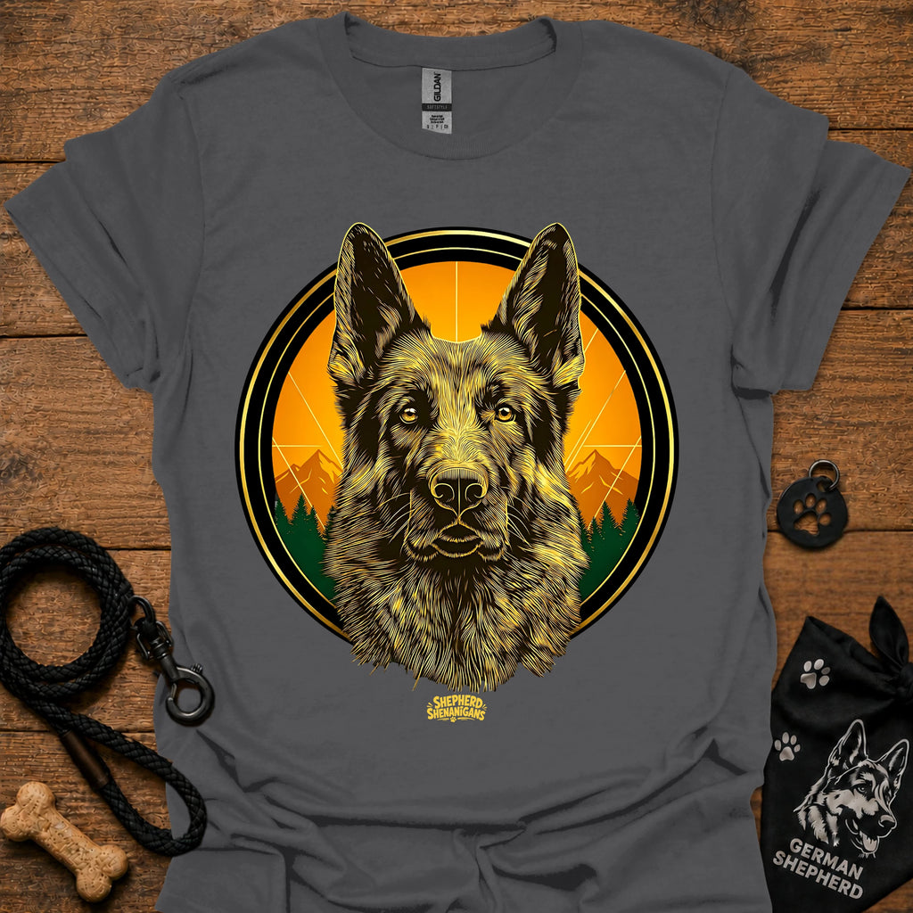 Charcoal gray graphic German Shepherd T-shirt with sunrise circle portrait