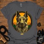 Charcoal gray graphic German Shepherd T-shirt with sunrise circle portrait