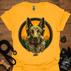 Gold graphic German Shepherd T-shirt with sunrise circle portrait