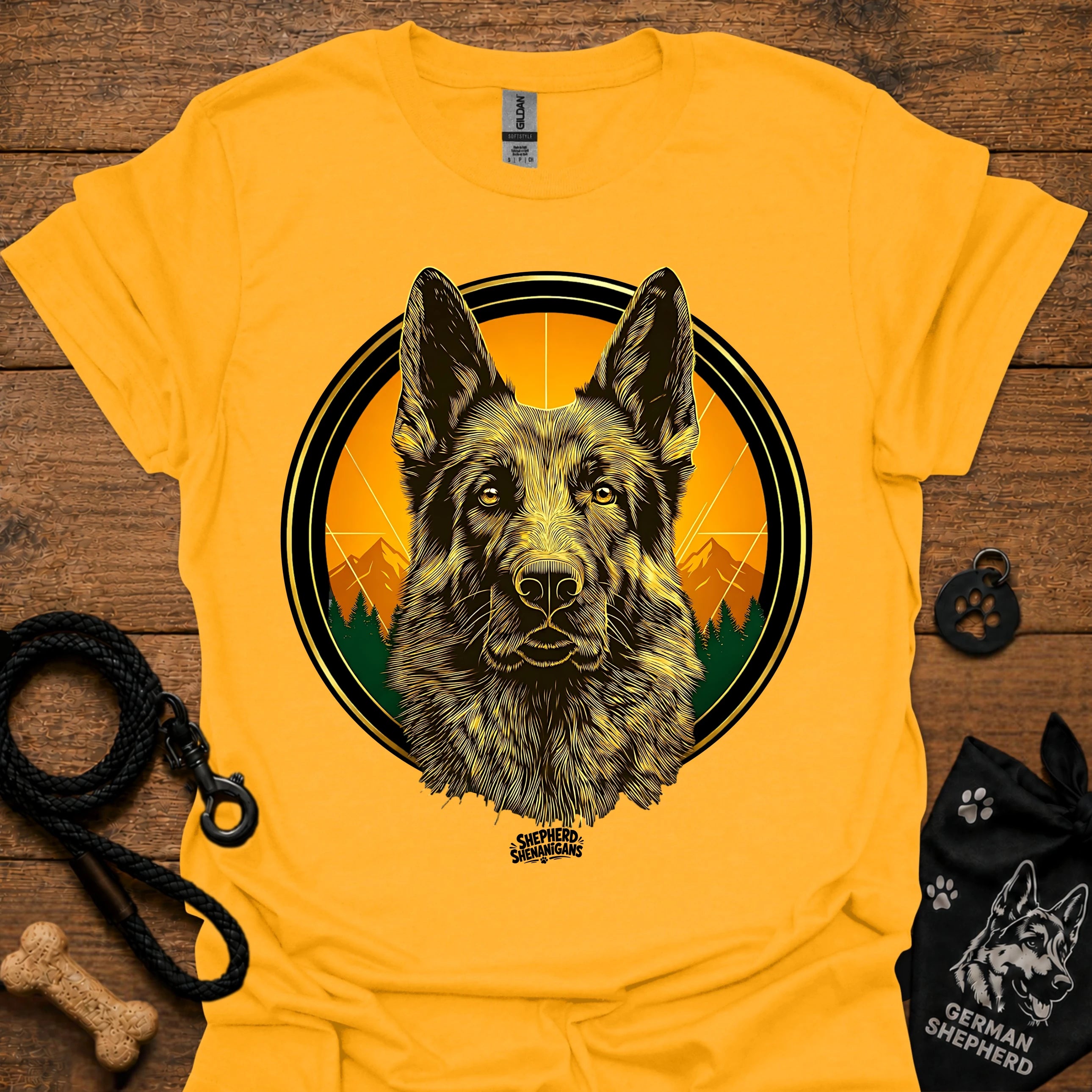 Gold graphic German Shepherd T-shirt with sunrise circle portrait