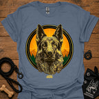 Blue graphic German Shepherd T-shirt with sunrise circle portrait