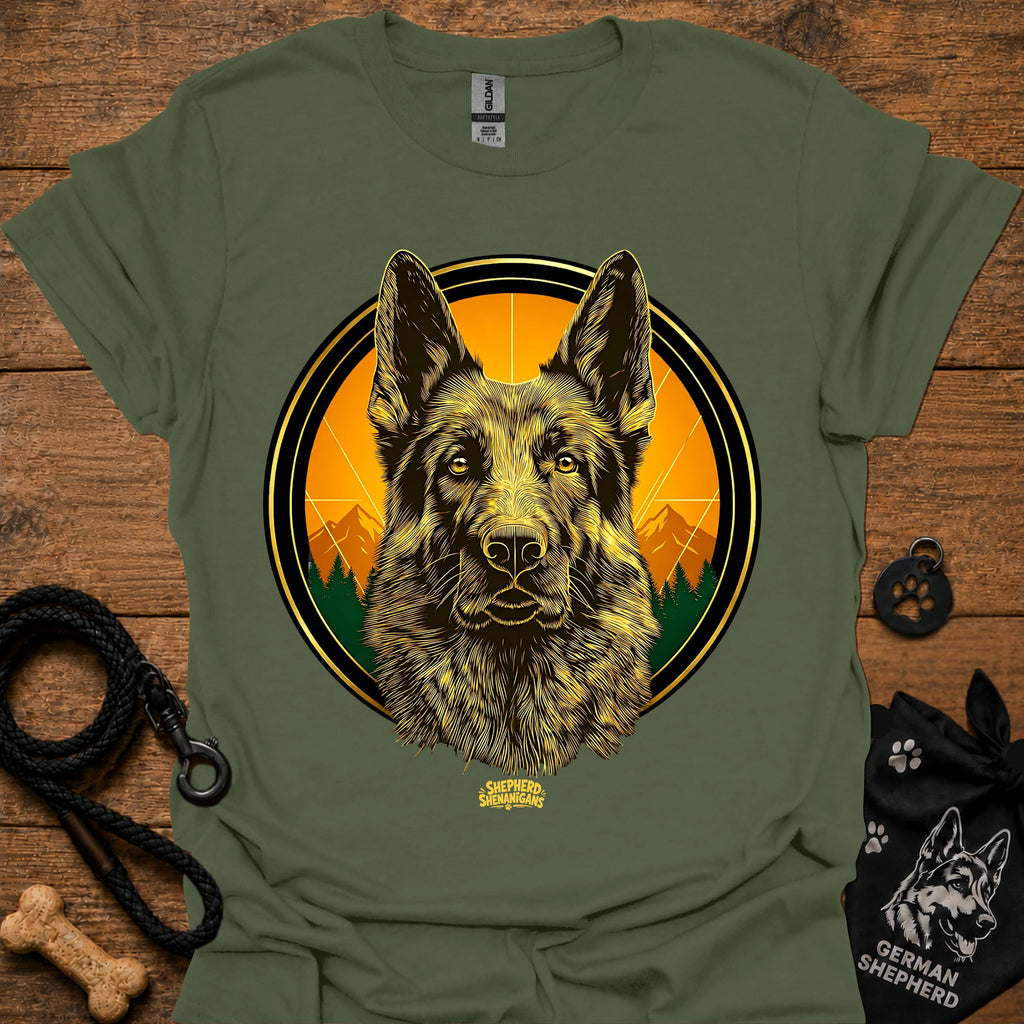 Military green graphic German Shepherd T-shirt with sunrise circle portrait