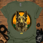 Military green graphic German Shepherd T-shirt with sunrise circle portrait