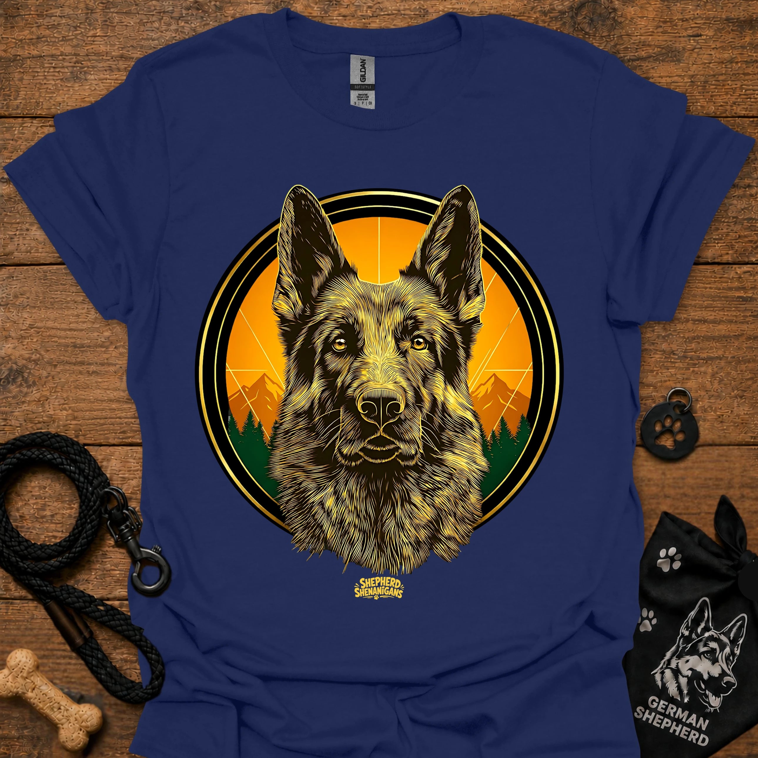 Navy graphic German Shepherd T-shirt with sunrise circle portrait