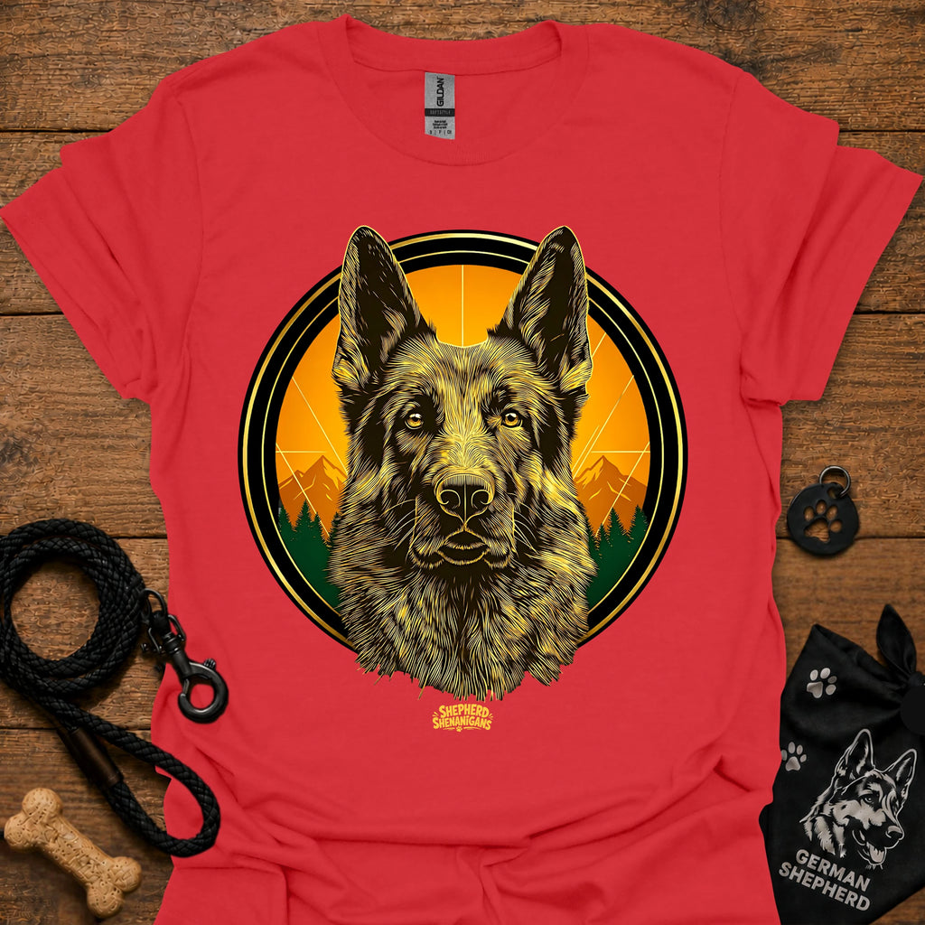 Red graphic German Shepherd T-shirt with sunrise circle portrait