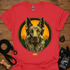 Red graphic German Shepherd T-shirt with sunrise circle portrait